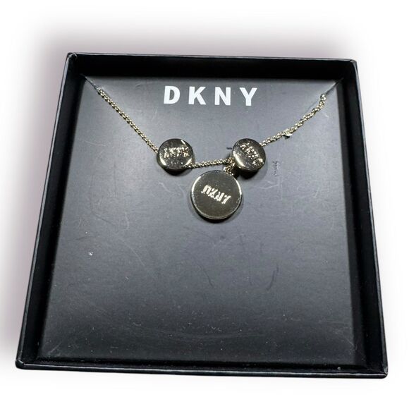 DKNY Women's Gold Logo Earrings and Necklace Logo Pendant Set w/ Box - Picture 3 of 4